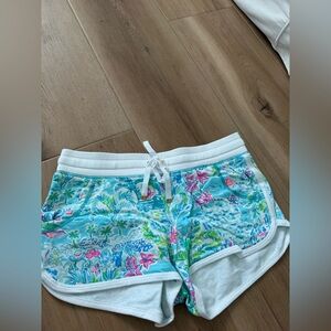 Lilly Pulitzer Blue and Pink Athletic Shorts Vibrant Tropical Print
